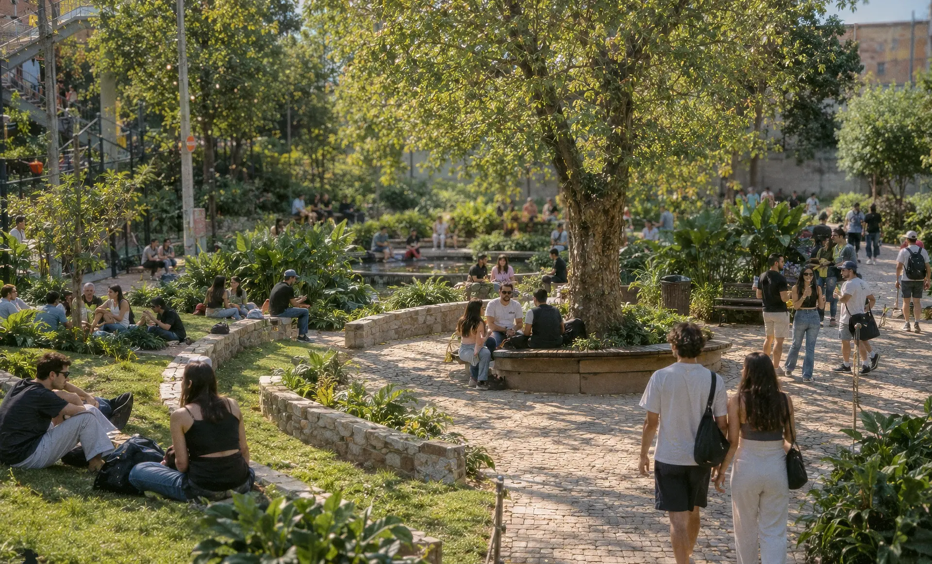 Praça com grande árvore e pessoas